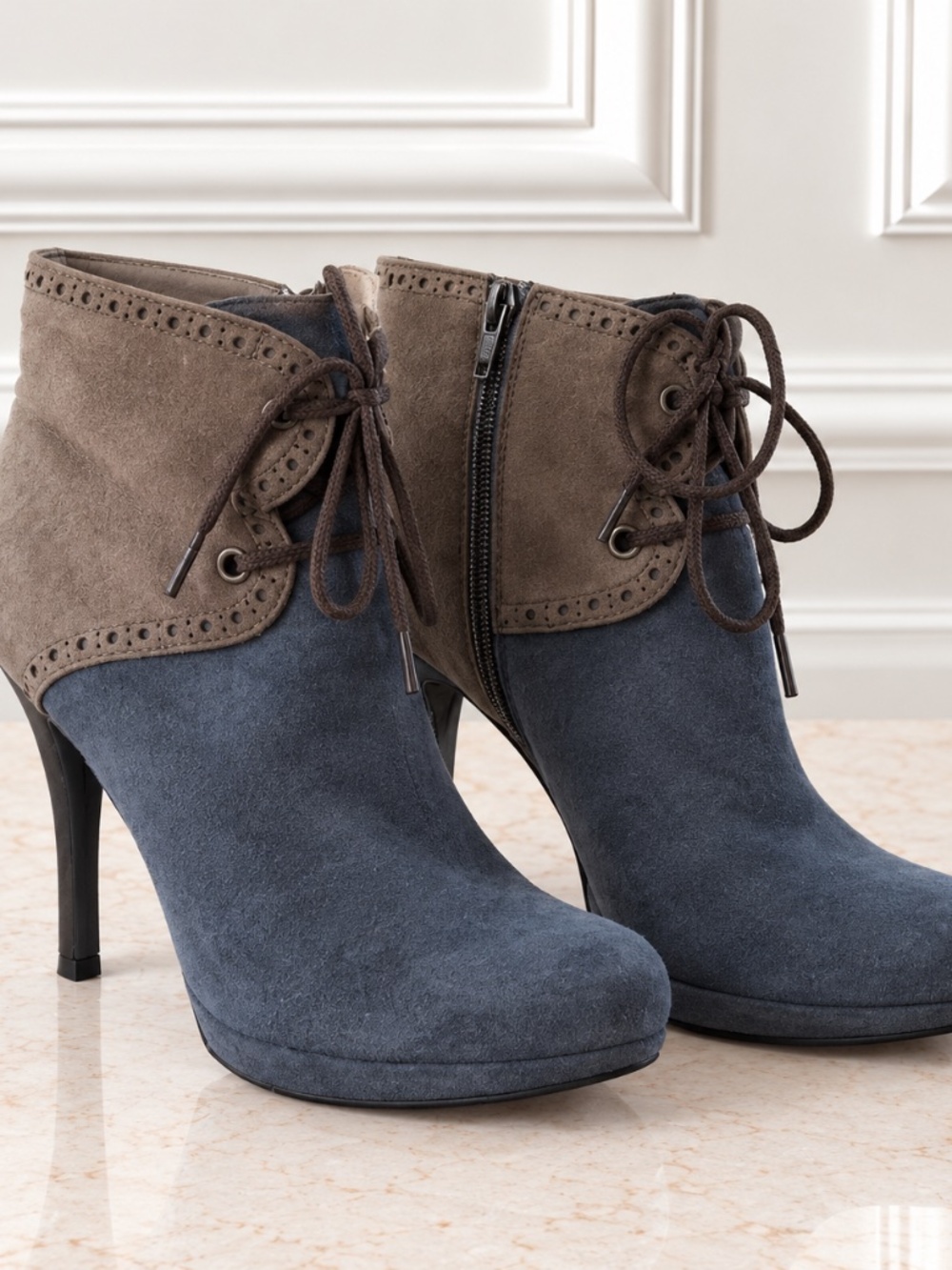 Buffalo London Two-Tone Leather Lace-Up Stiletto Ankle Boots